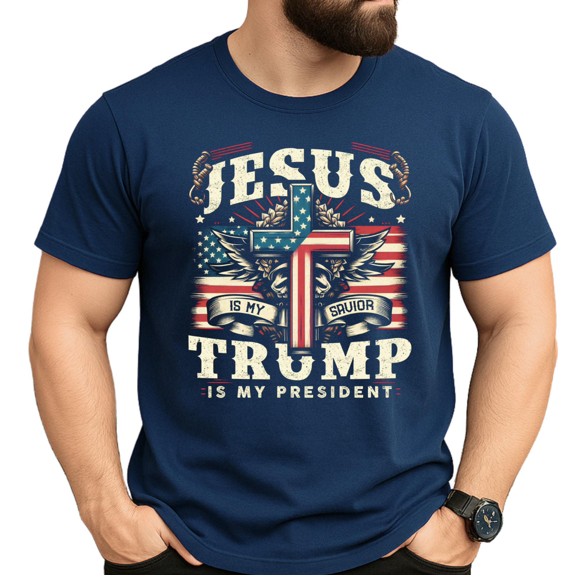 Navy blue t-shirt with 'Jesus is my Savior, Trump is my President' design on a white background