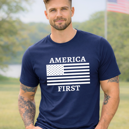  Men's navy patriotic America First t-shirt with American flag graphic – America 250 anniversary shirt.
