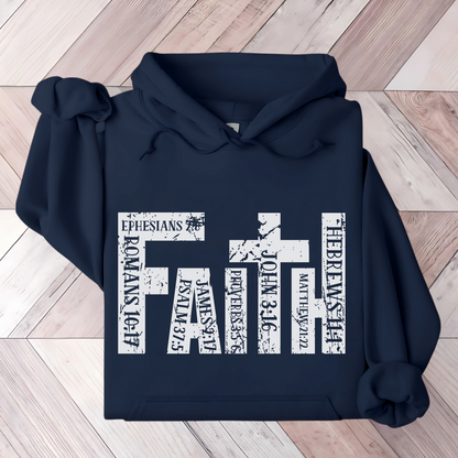 "Navy blue Christian hoodie featuring 'FAITH' in bold distressed white letters, designed with Bible verse references including John 3:16, Romans 10:17, Hebrews 11:1, and more. Inspirational religious sweatshirt for faith-based fashion.