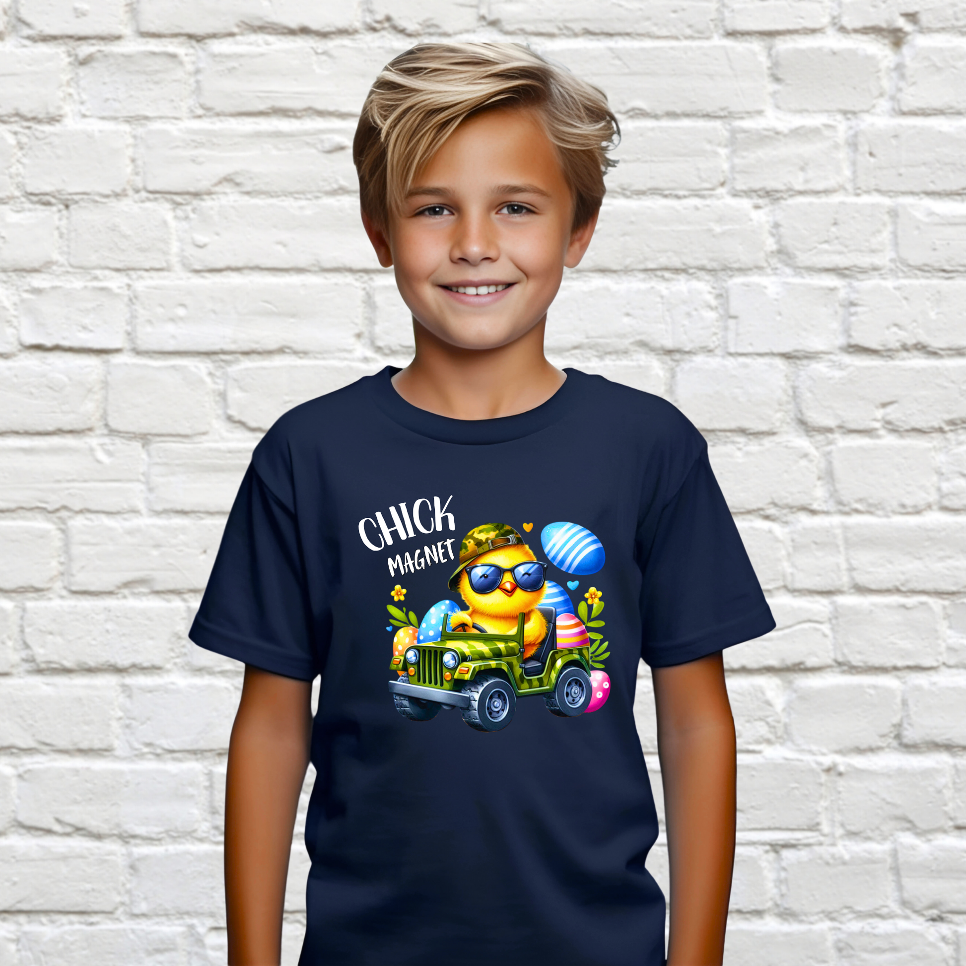 Navy funny "Chick Magnet" youth t-shirt featuring a cool chick driving a jeep with Easter eggs. Perfect Easter shirt for young boys