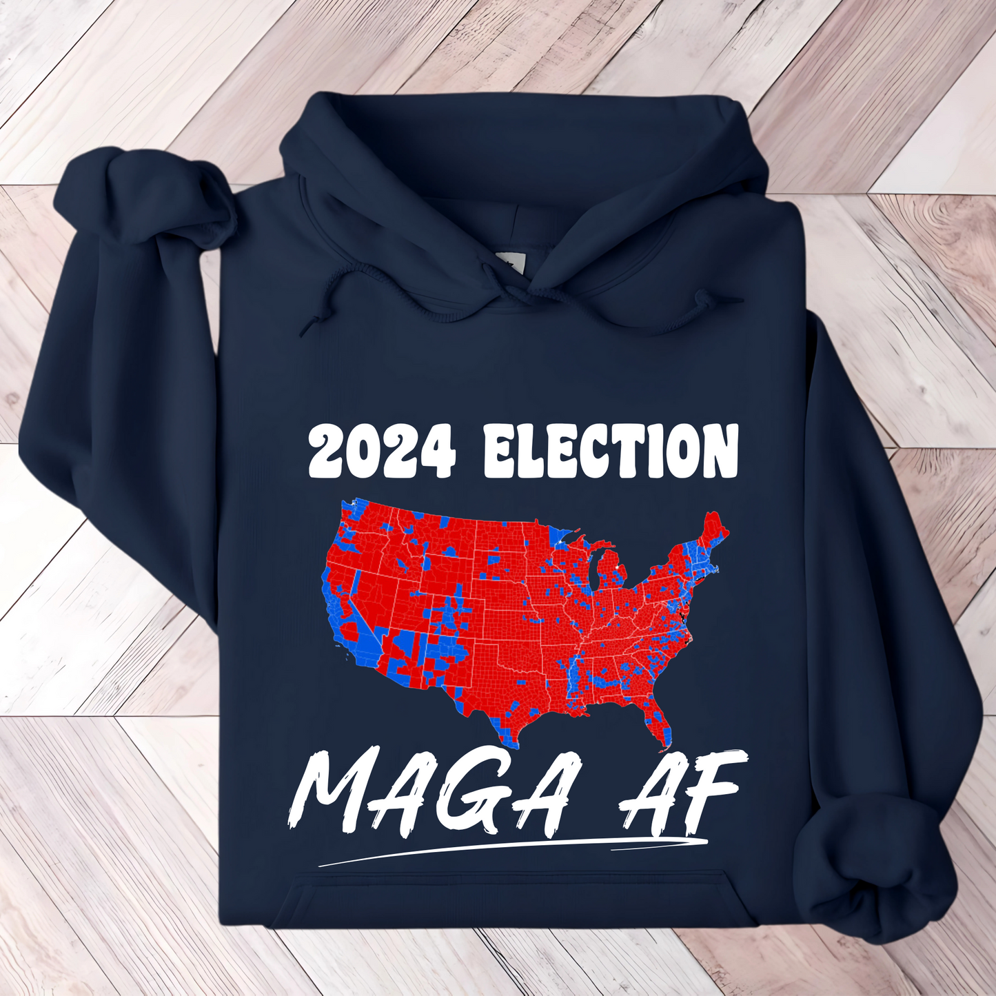 Navy Folded patriotic hoodie featuring red and blue American map with bold text