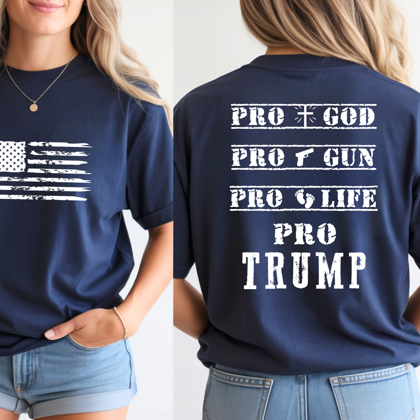 Women wearing blue pro trump t-shirt with American flag front design