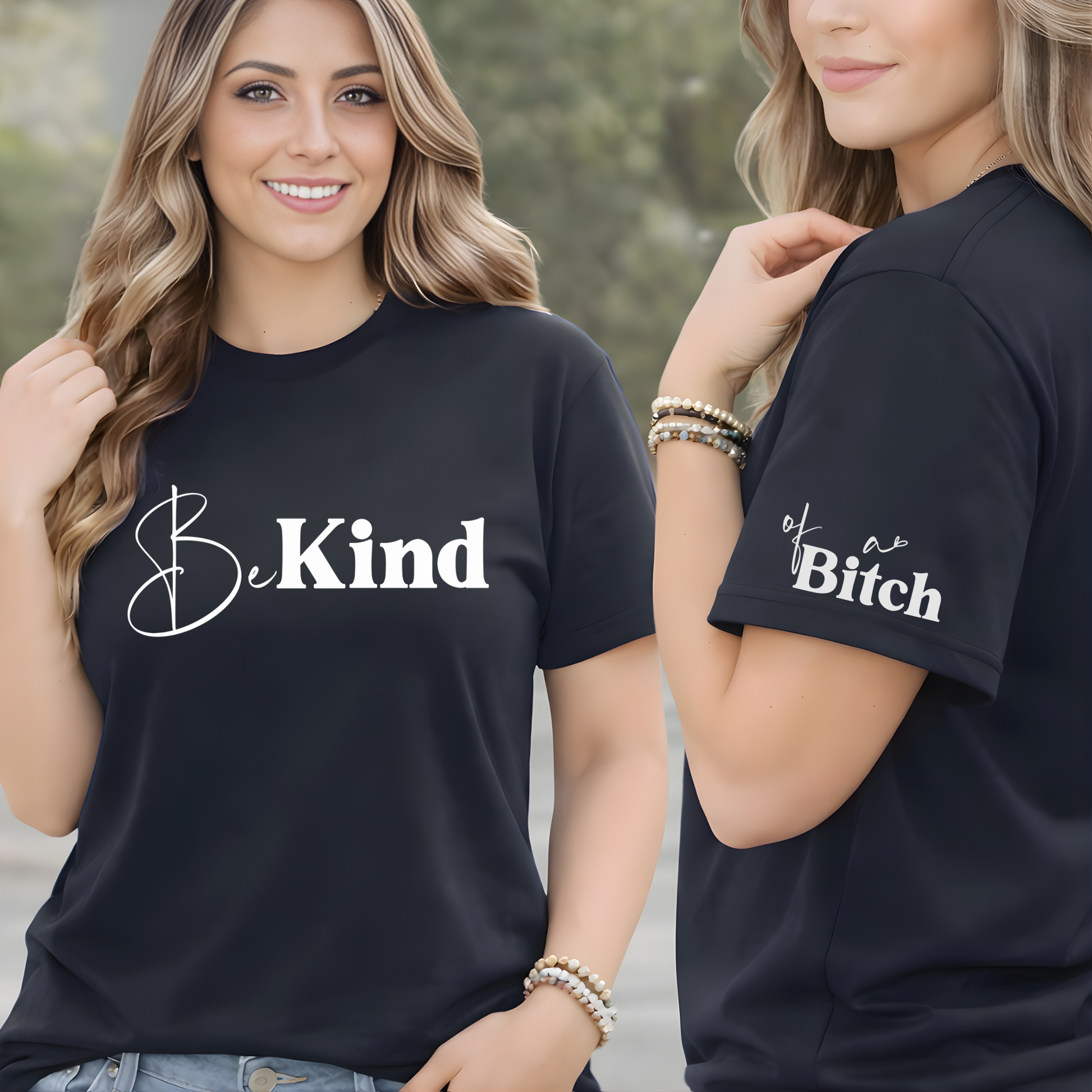 Navy Be Kind shirt styled outdoors showing front and sleeve design