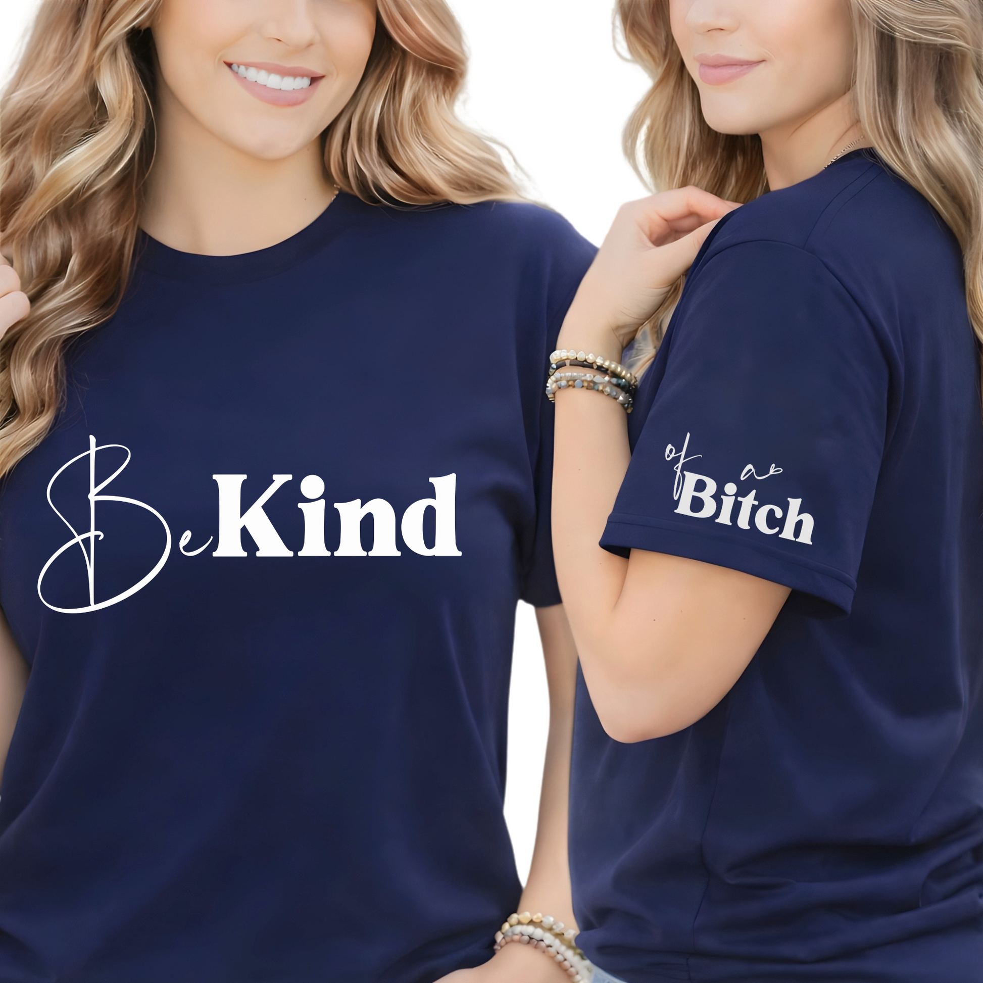 Navy Be Kind shirt with funny sleeve detail front and sleeve view