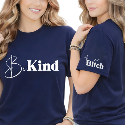 Navy Be Kind shirt with funny sleeve detail front and sleeve view