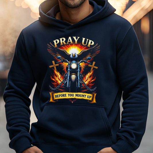 Man in navy hoodie with Christian biker graphic and Pray Up text.