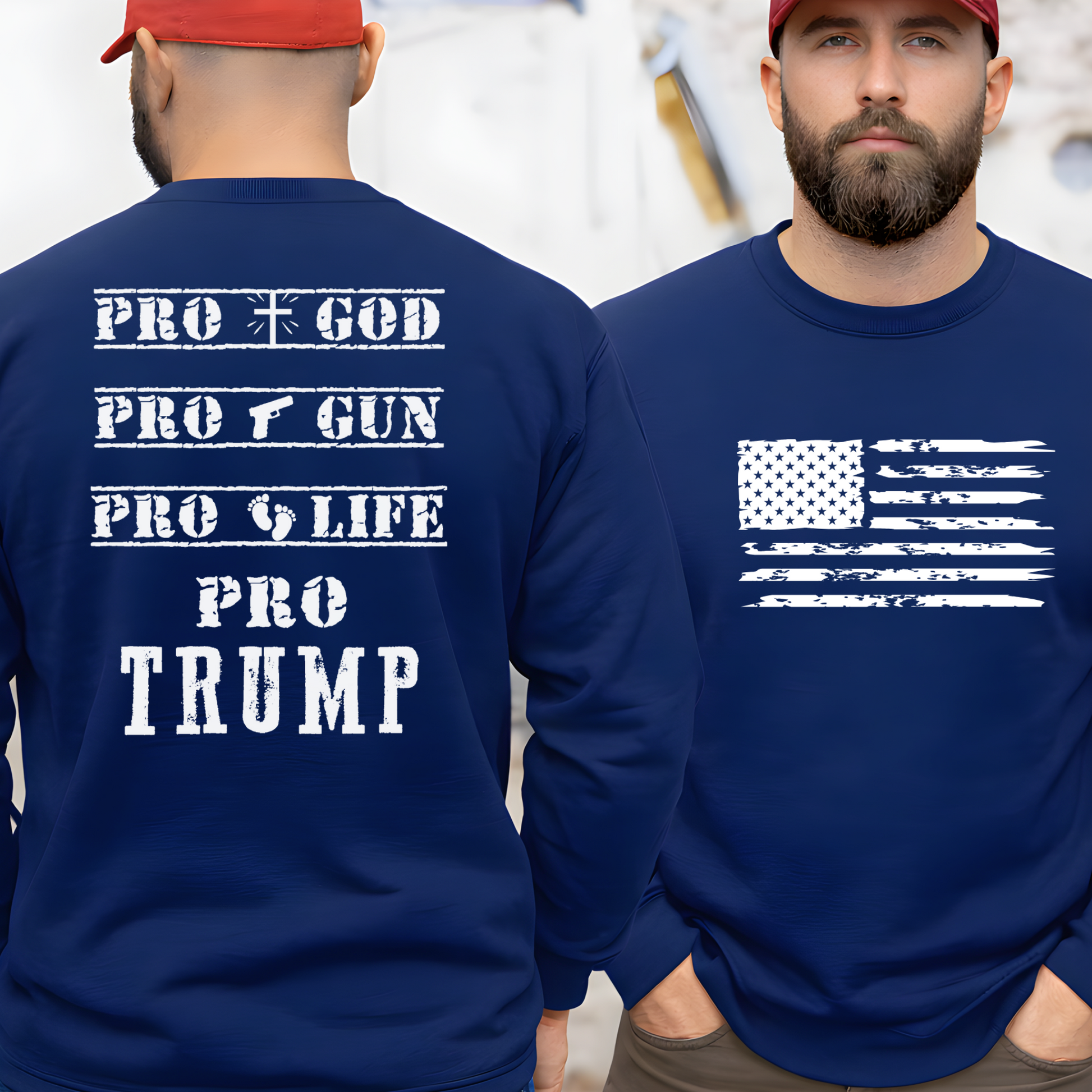Man wearing a blue sweatshirt with conservative text and design.