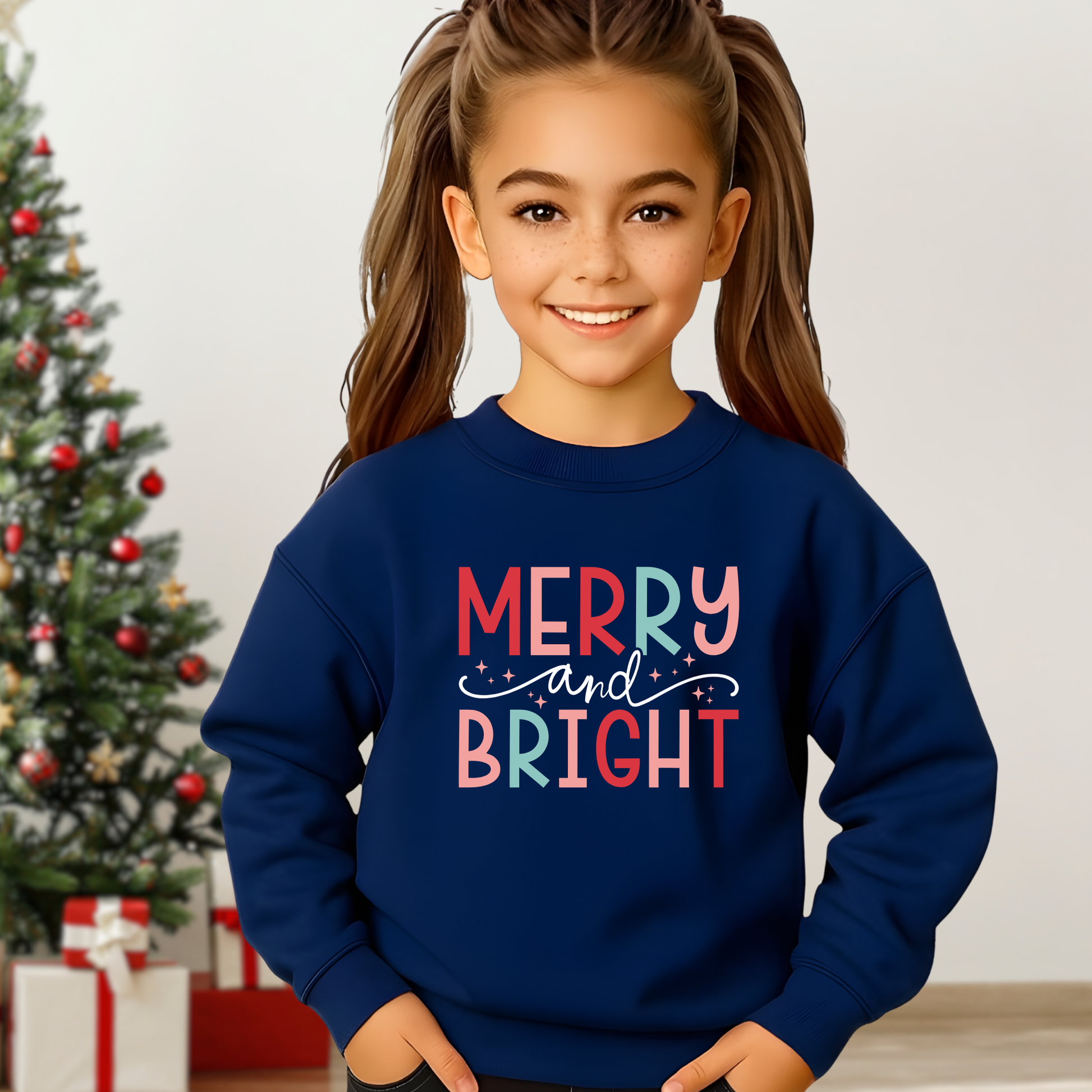 Child wearing a blue sweatshirt with 'Merry and Bright' text, standing in front of a decorated Christmas tree.