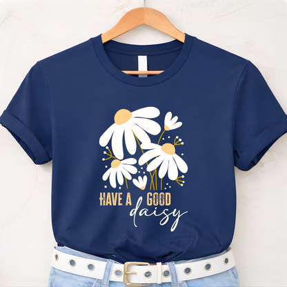 Navy blue t-shirt with floral design and text 'Have a good daisy' on a white background