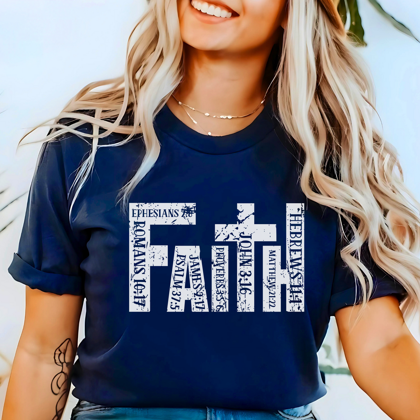 Navy Faith graphic T-shirt with inspirational text