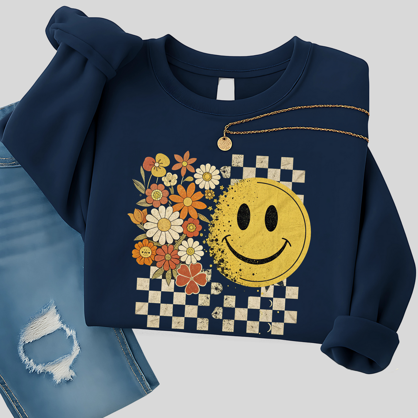 Retro Smiley Face Fall Sweatshirt – Checkerboard Floral Pullover