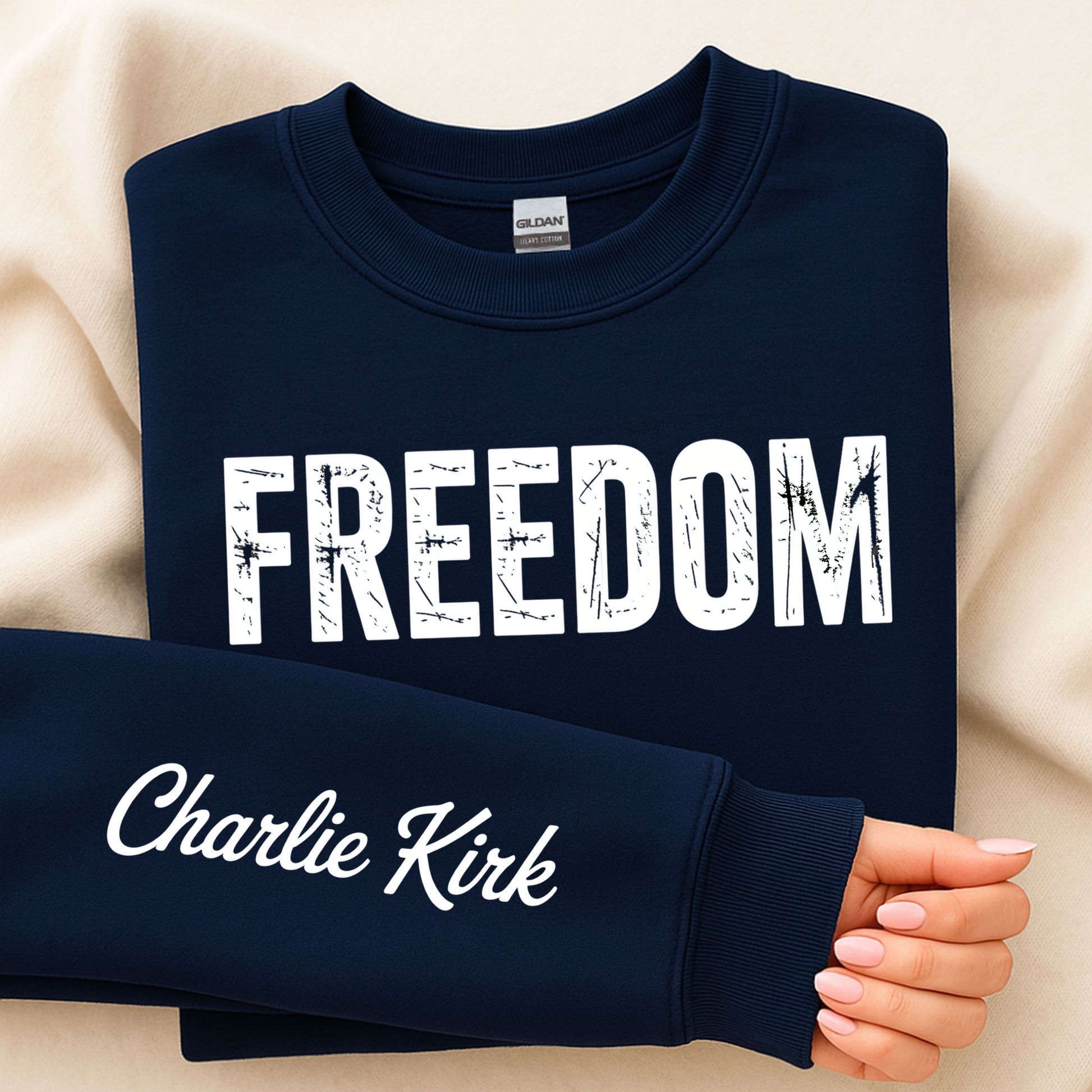 Navy Charlie Kirk Freedom sweatshirt styled for adults