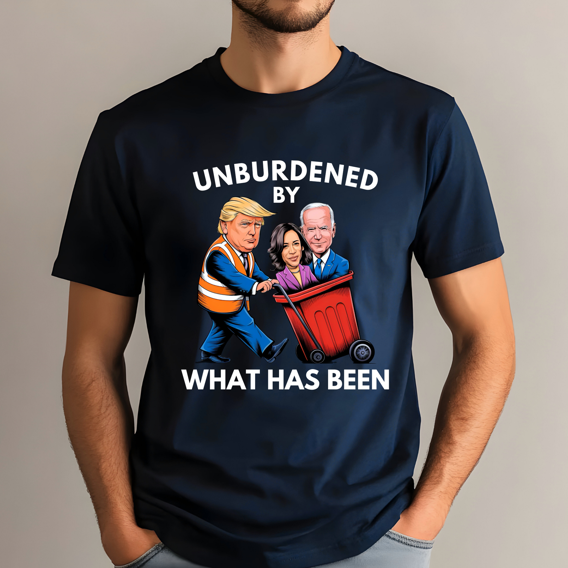 A graphic t-shirt with a satirical design featuring cartoon depictions of political figures and the phrase 'UNBURDENED BY WHAT HAS BEEN' printed on the front.