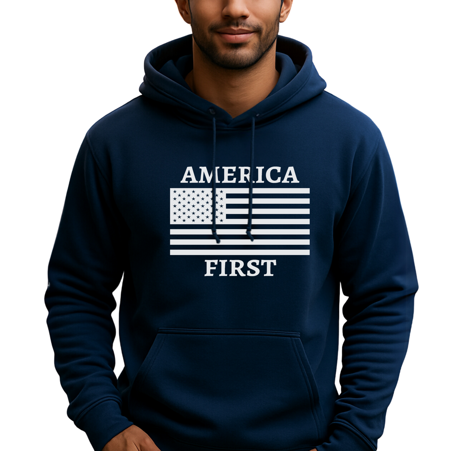 Navy blue America First hoodie – bold U.S. flag design

