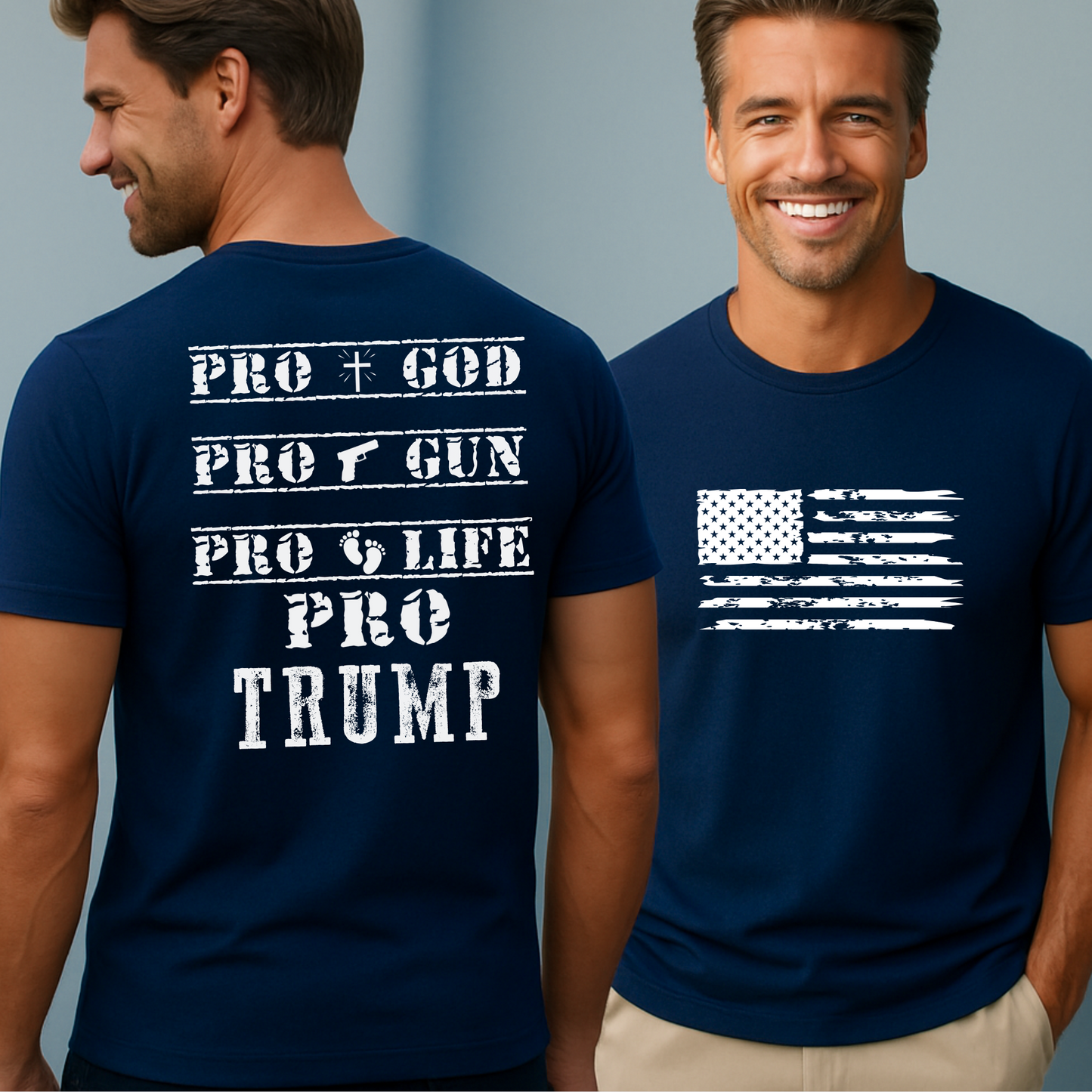 Navy blue T-shirt with white distressed American flag front and pro-values back design

