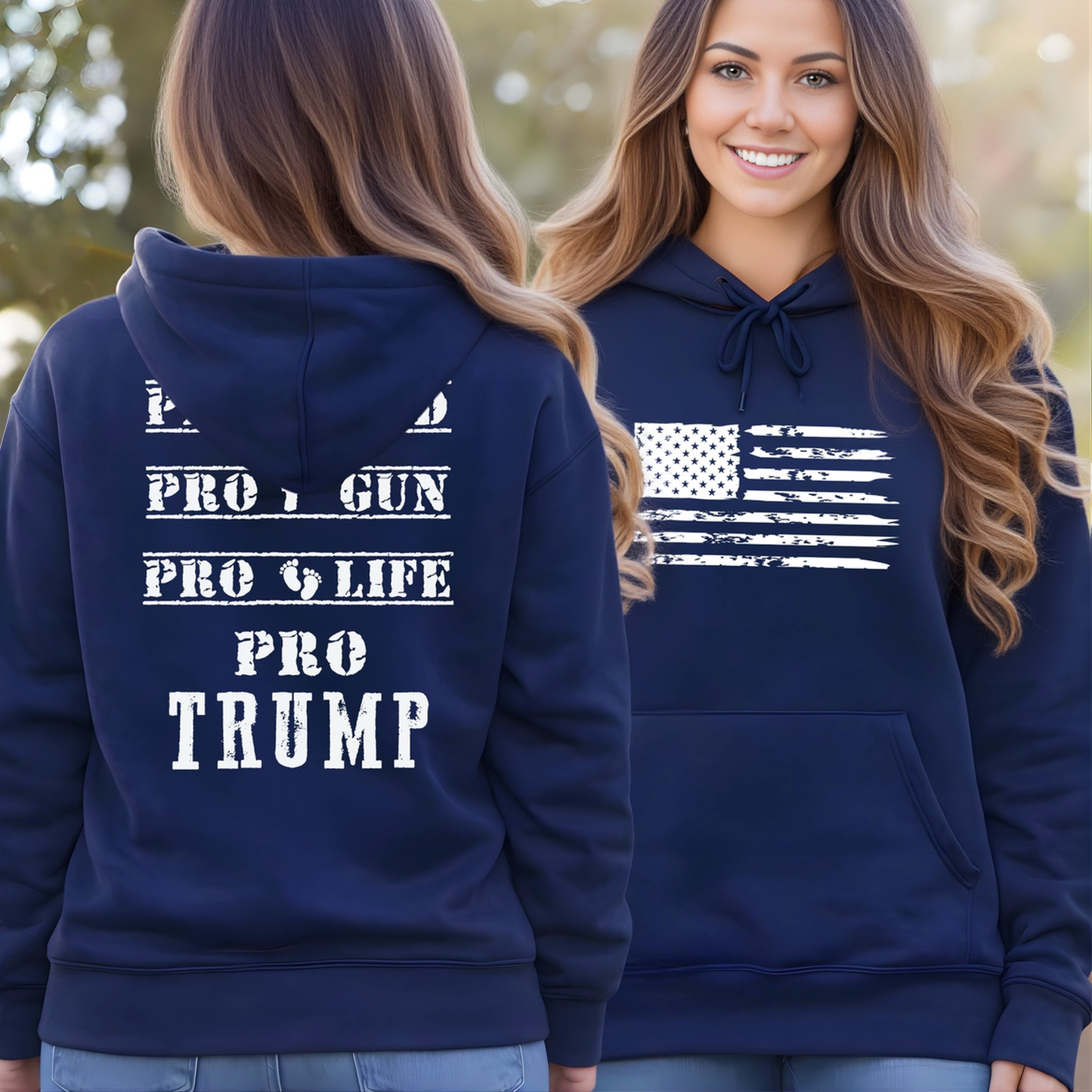 Navy blue hoodie with text 'PRO GUN', 'PRO LIFE', 'PRO TRUMP' on the back, worn by a person outdoors.