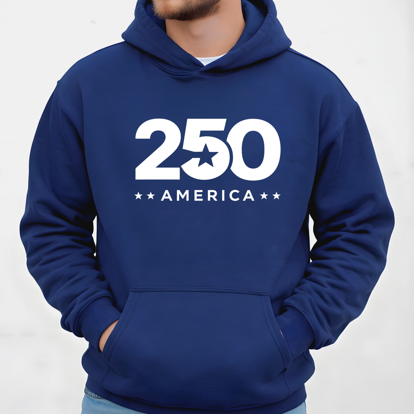 Navy blue hoodie with '250 America' text on a white background