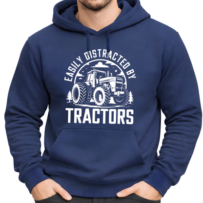 Navy blue hoodie with tractor graphic and text on a white background