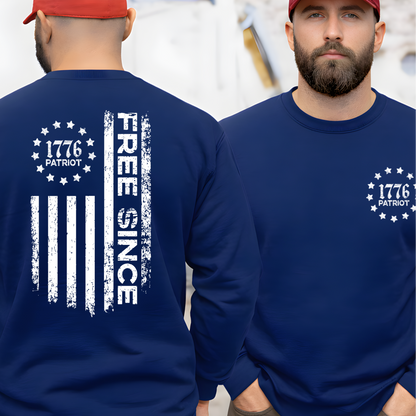 Navy blue men’s patriotic sweatshirt with 1776 Patriot chest emblem and Free Since flag back design