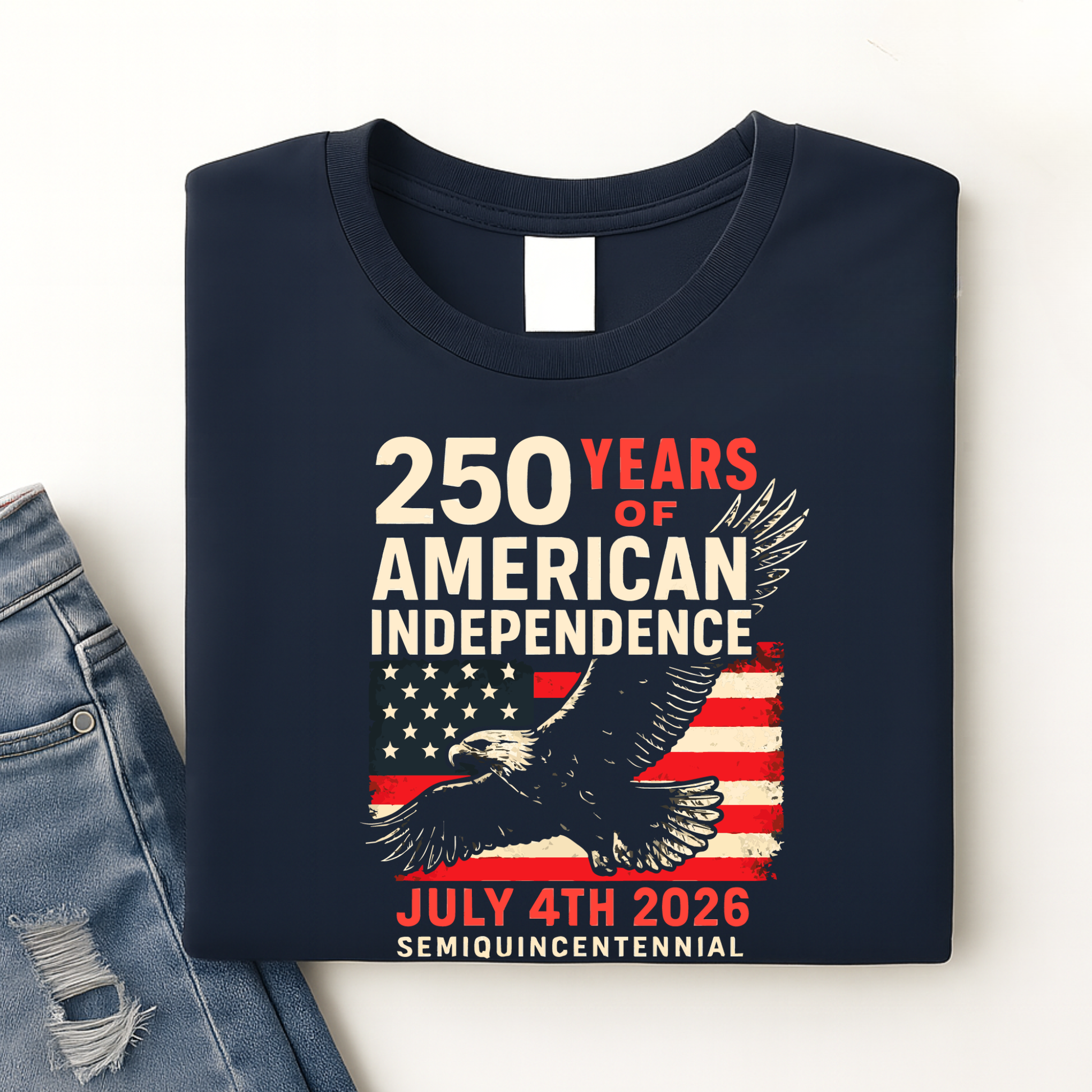 Navy blue sweatshirt folded with 250 Years of American Independence patriotic eagle USA flag design