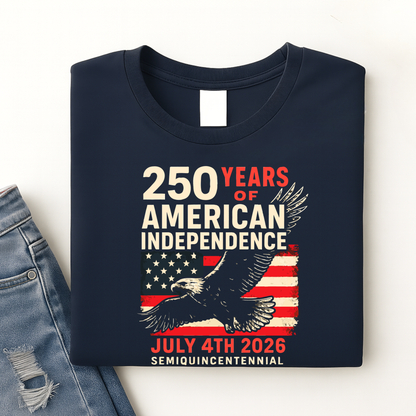 Navy blue sweatshirt folded with 250 Years of American Independence patriotic eagle USA flag design
