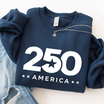 Navy blue sweatshirt with '250 America' print on a light background