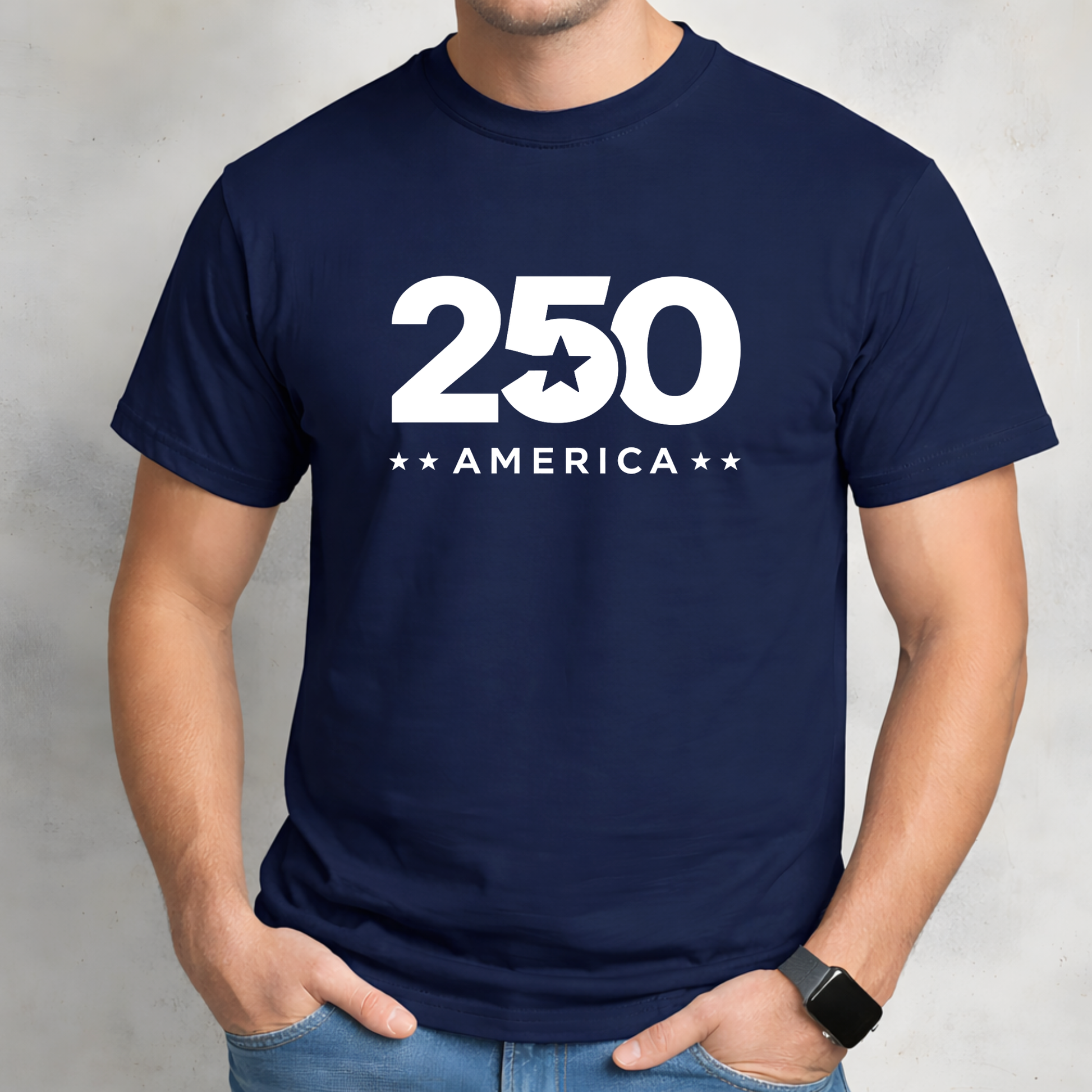 Navy blue t-shirt with '250 America' print worn by a person on a gray background