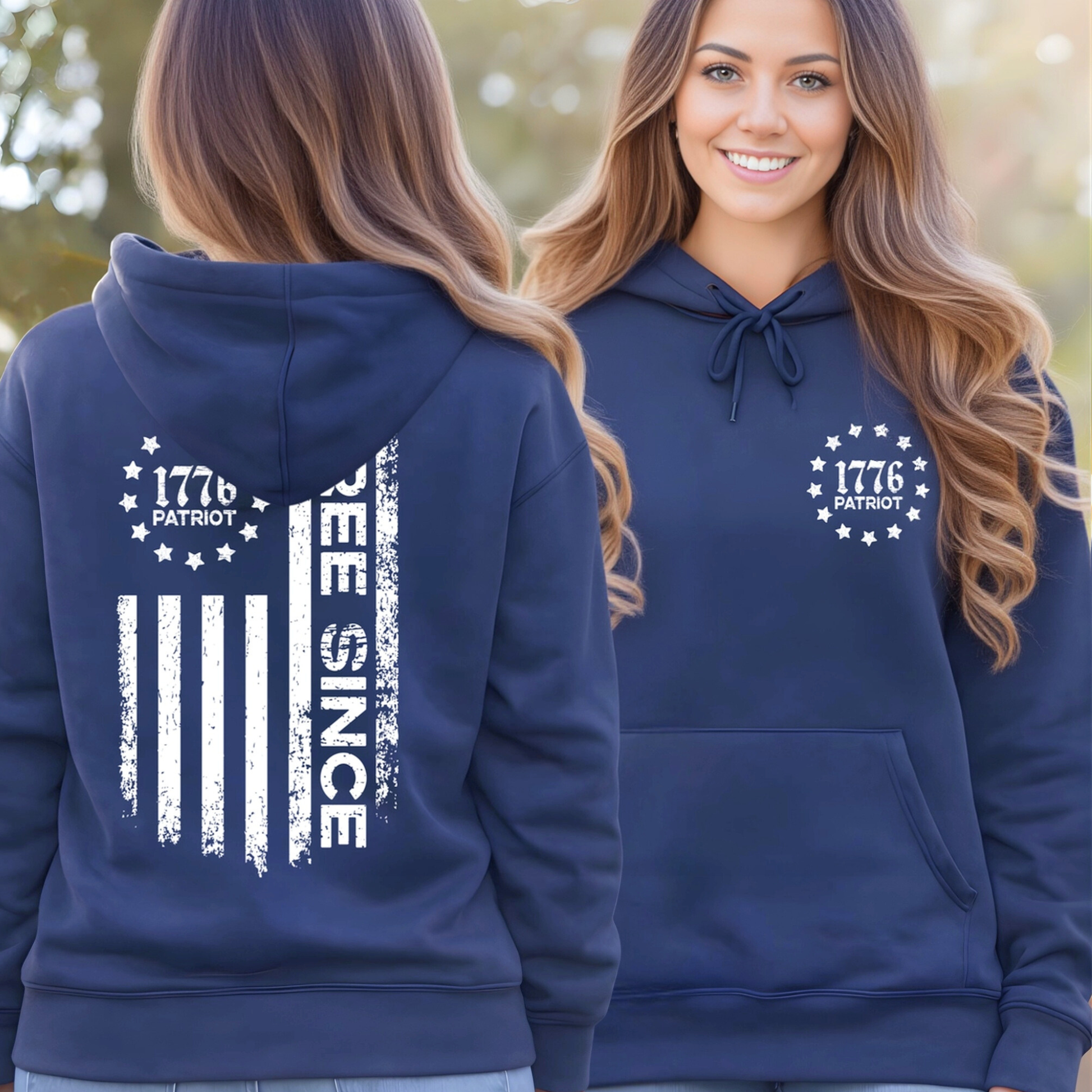 Navy blue women’s patriotic hoodie front and back view with Free Since American flag design