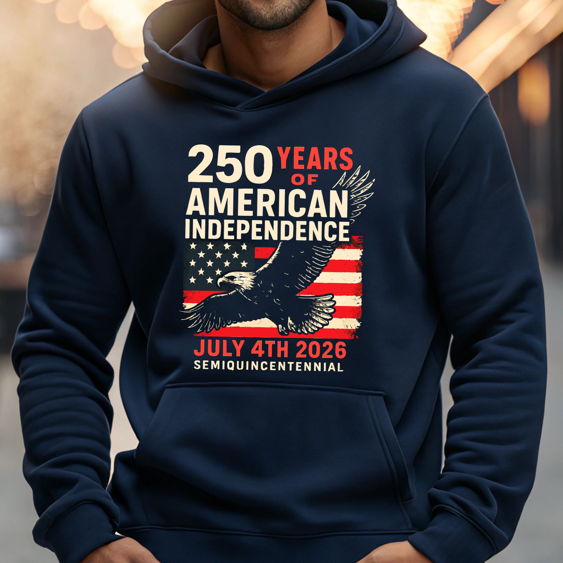 Navy hoodie folded with 250 Years of American Independence patriotic eagle design and USA flag