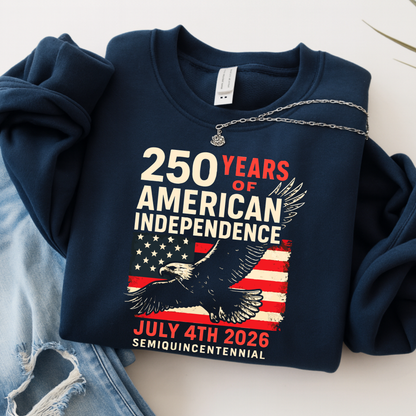 Navy hoodie folded with 250 Years of American Independence patriotic eagle design and USA flag