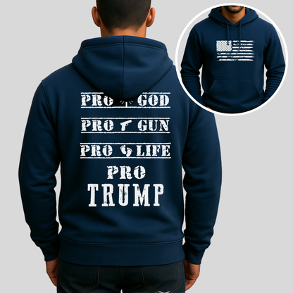 Navy hoodie with distressed American flag front and pro-values back design