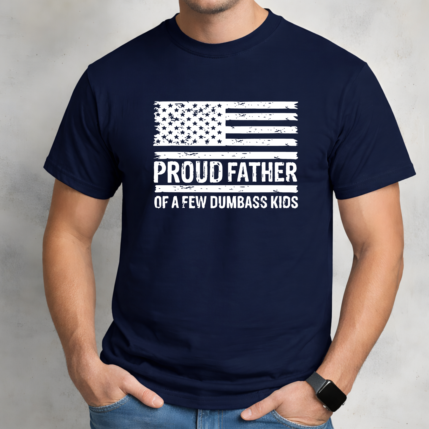 Black men’s graphic t-shirt featuring worn American flag design and humorous dad text