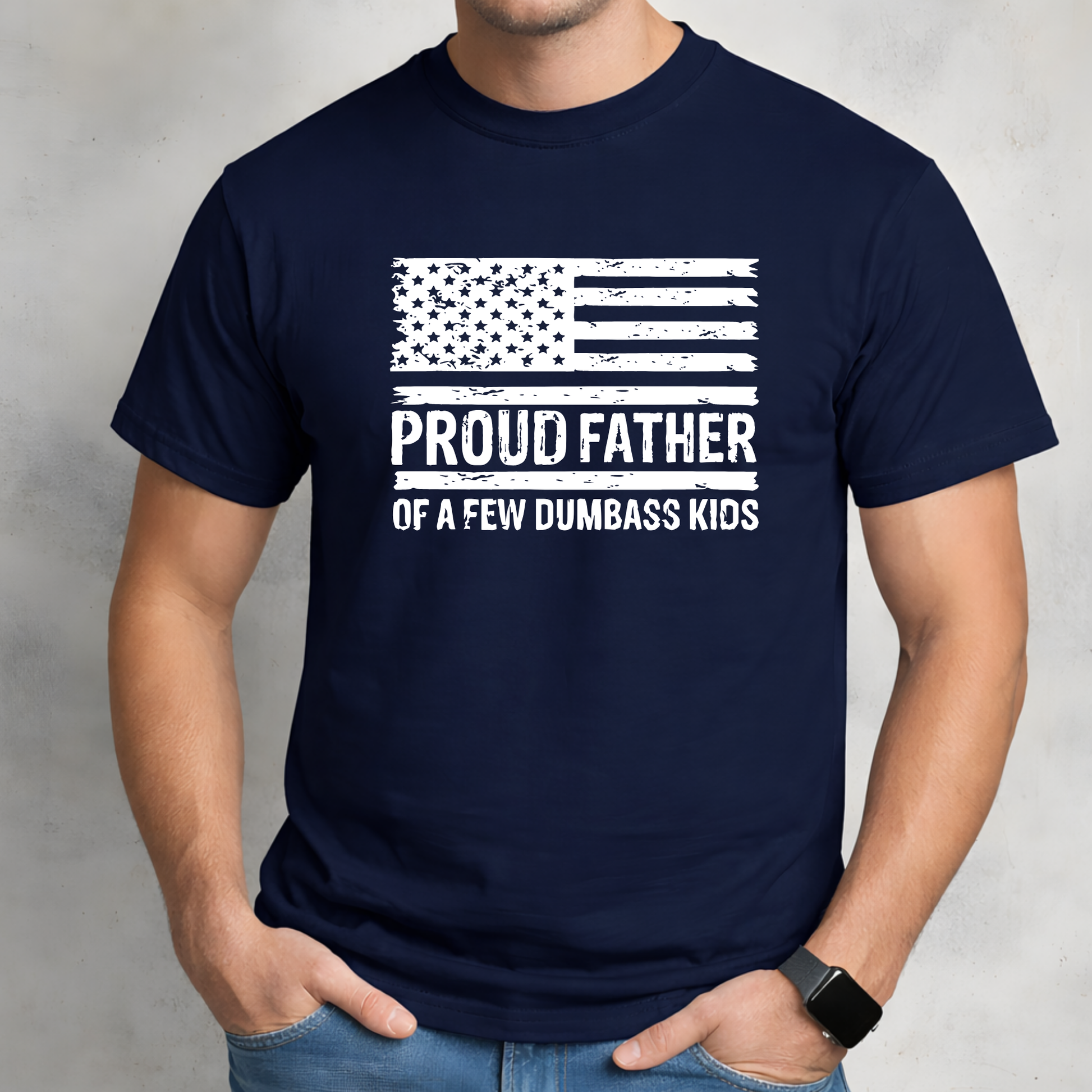 Black men’s graphic t-shirt featuring worn American flag design and humorous dad text