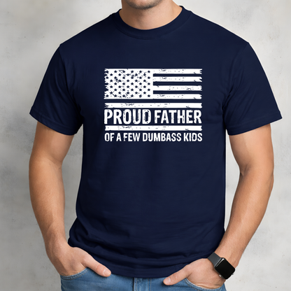 Black men’s graphic t-shirt featuring worn American flag design and humorous dad text