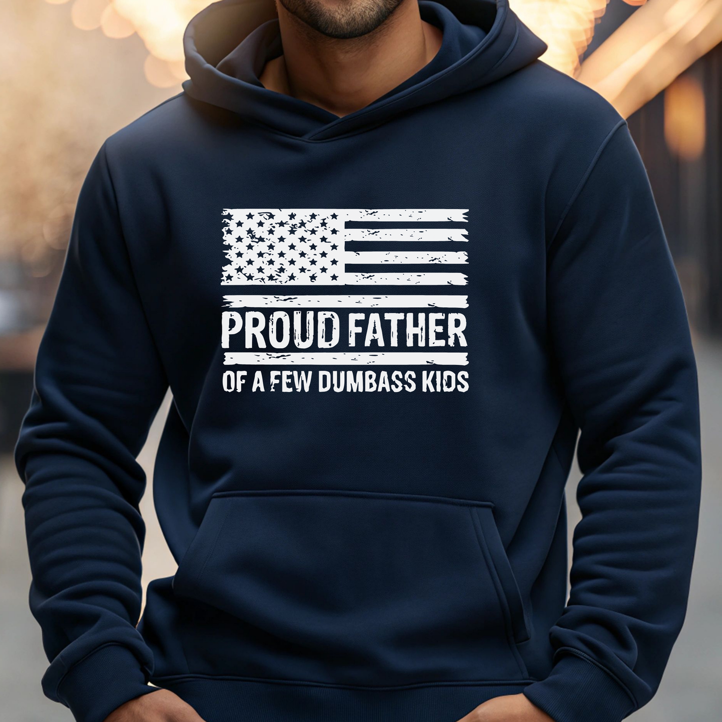 Navy men’s hoodie with front pouch pocket and distressed American flag dad graphic