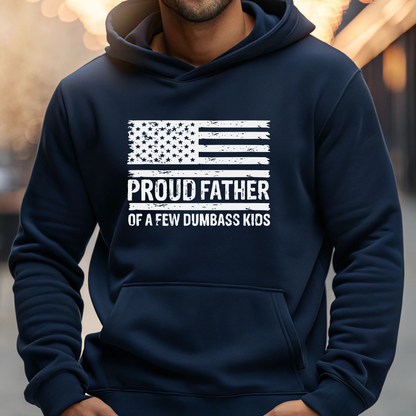 Navy men’s hoodie with front pouch pocket and distressed American flag dad graphic