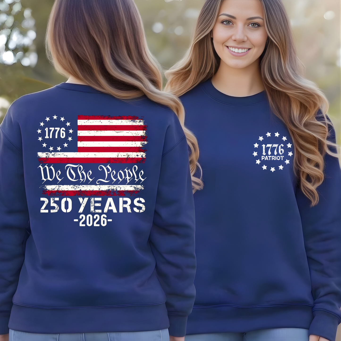 Navy patriotic sweatshirt front and back showing 1776 Patriot chest and flag back print