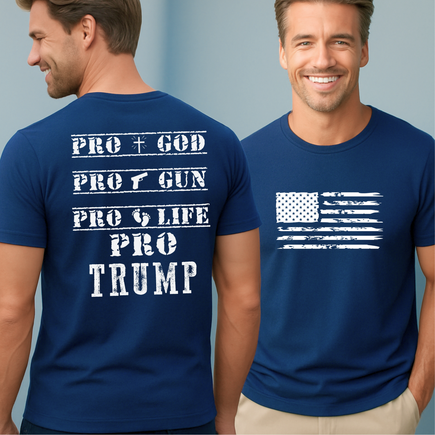Man wearing a blue t-shirt with pro-Trump, pro god text on the front and back.
