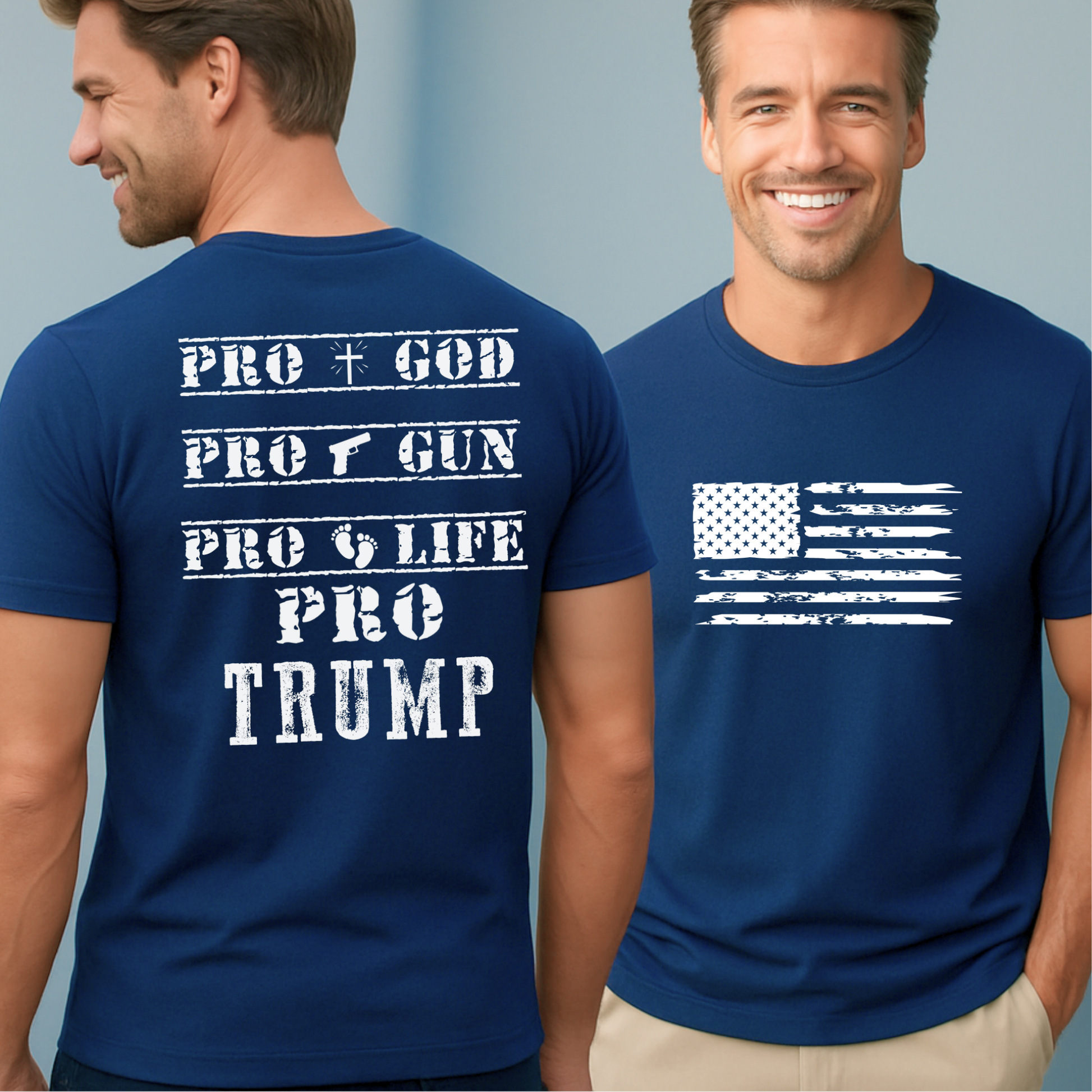 Man wearing a blue t-shirt with pro-Trump, pro god text on the front and back.