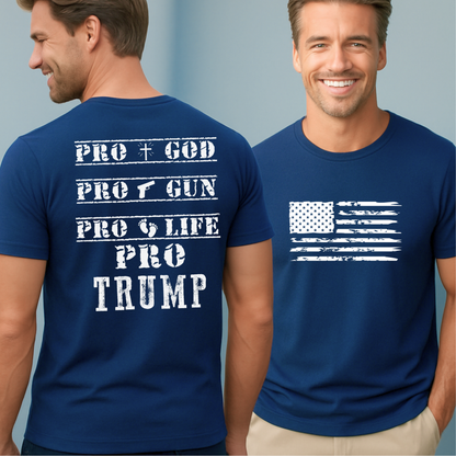 Man wearing a blue t-shirt with pro-Trump, pro god text on the front and back.
