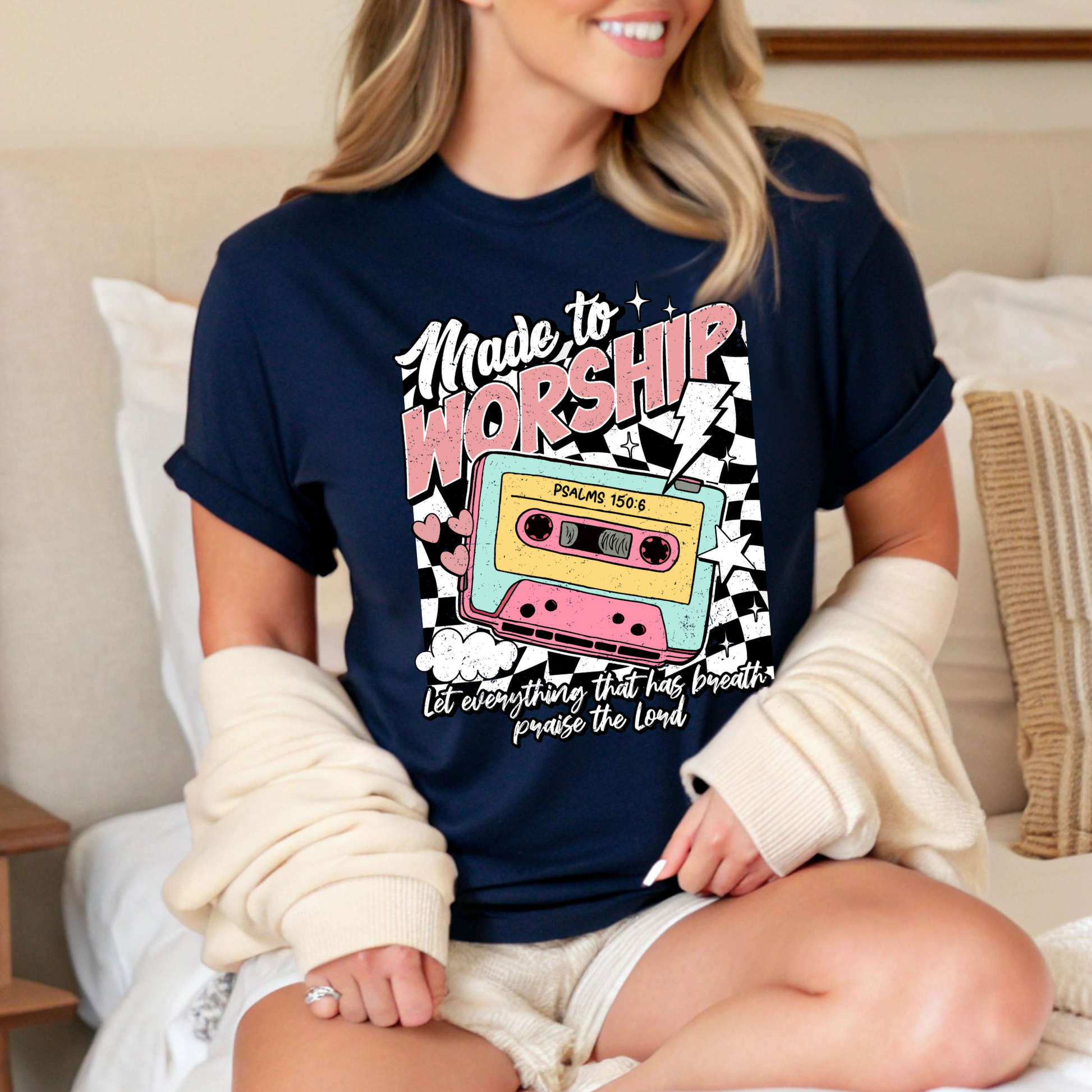 Navy retro music graphic tee with cassette design
