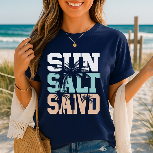 Navy shirt styled for coastal summer vibes
