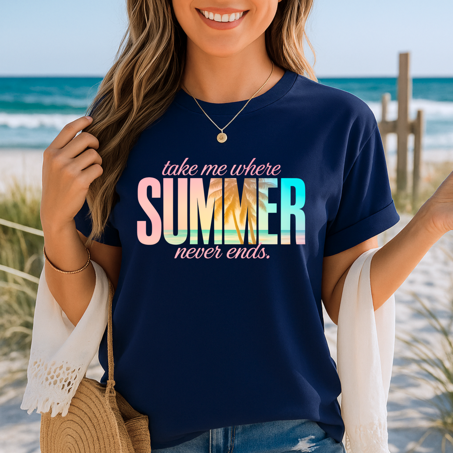 Navy summer graphic t-shirt featuring sunset palm trees and bold pastel text