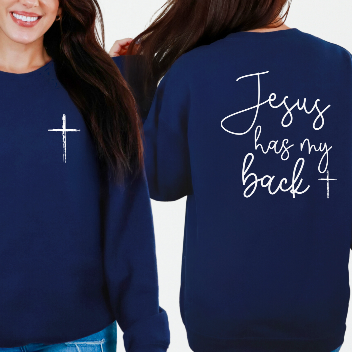 Navy sweatshirt with cross detail and uplifting graphic on back

