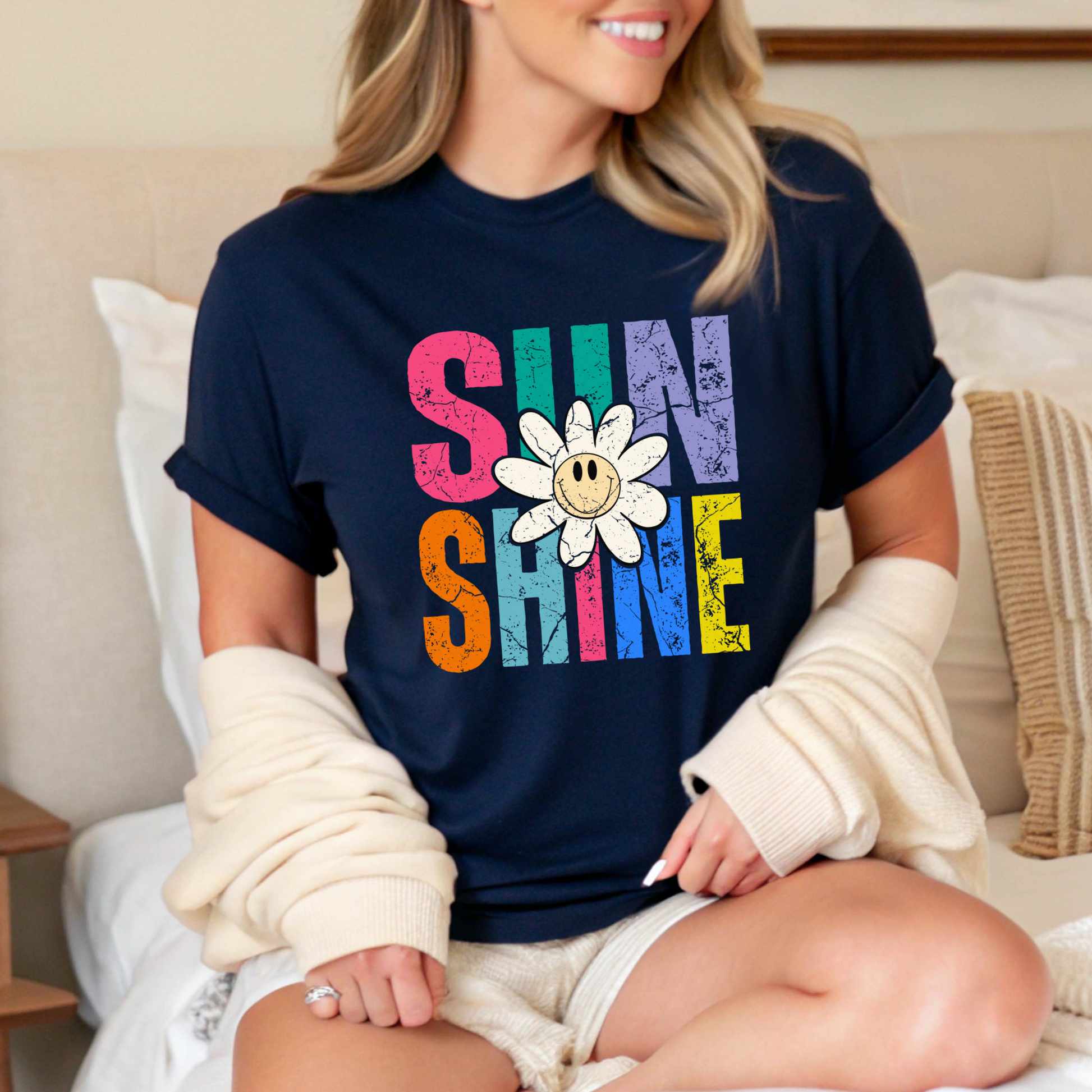 Navy tee worn indoors, cozy lounge look