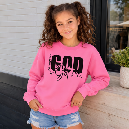 Bright pink No Worries God Got Me youth crewneck sweatshirt with bold black Christian faith graphic.