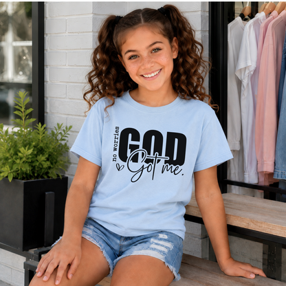 Light blue No Worries God Got Me youth T-shirt with bold dark faith lettering.