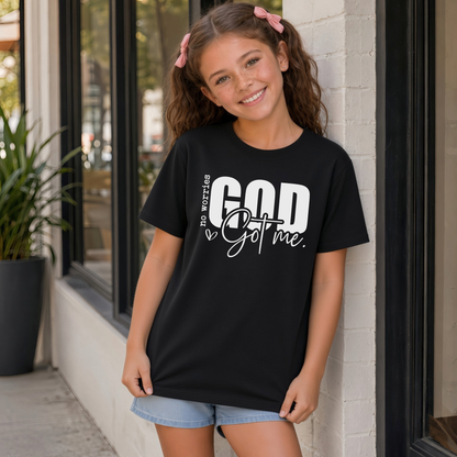 Black No Worries God Got Me youth T-shirt with bold white Christian faith graphic.