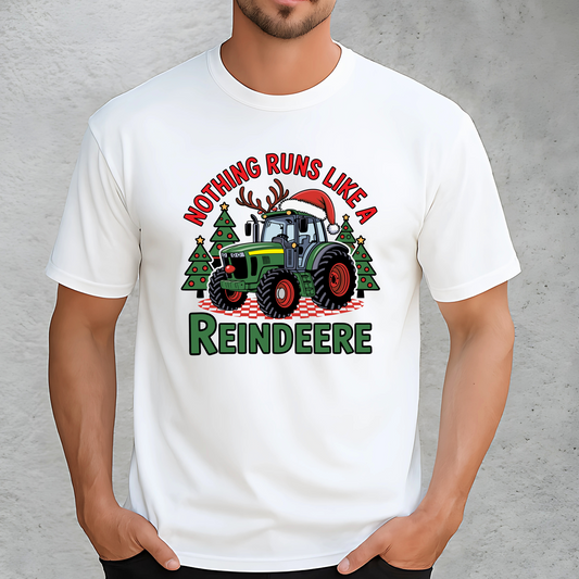 White Christmas tractor t-shirt for men, featuring green tractor with Santa hat and Christmas trees. Perfect festive shirt for holiday parties and farm life.