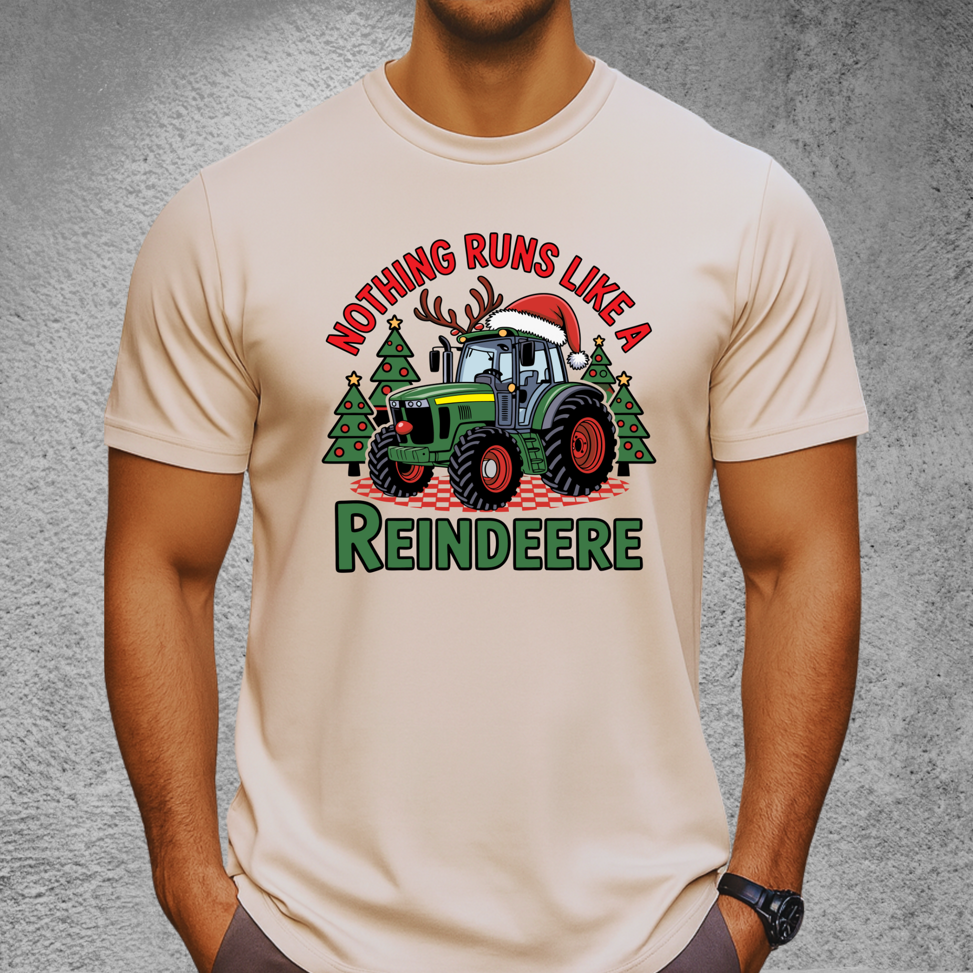 Beige men’s Christmas tractor t-shirt with festive “Nothing Runs Like a Reindeere” design featuring tractor with antlers and Santa hat. Fun holiday gift for farmers and tractor lovers.